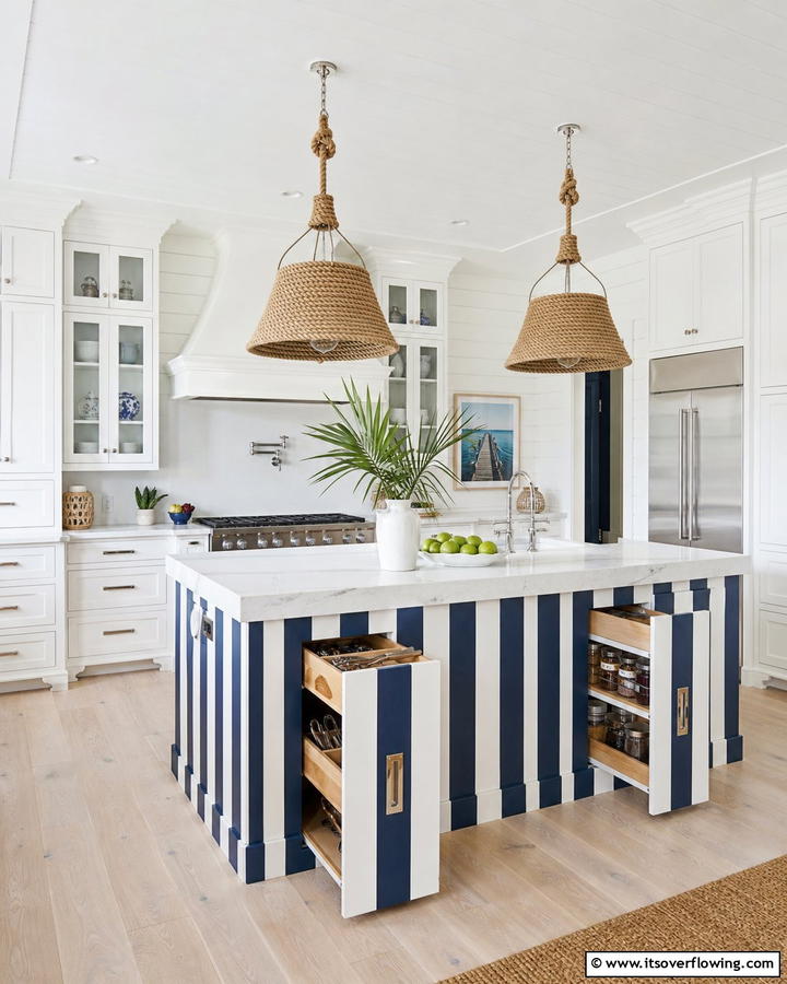 Navy and White Striped Island with Hidden Storage - 25 Blue Kitchen Island Ideas for a Fresh Look