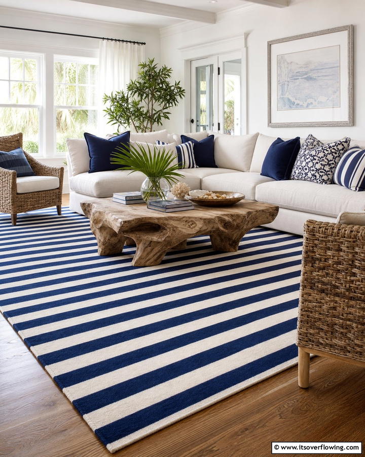 Navy and White Striped Rug - 20 Navy Living Room Ideas for a Bold Statement