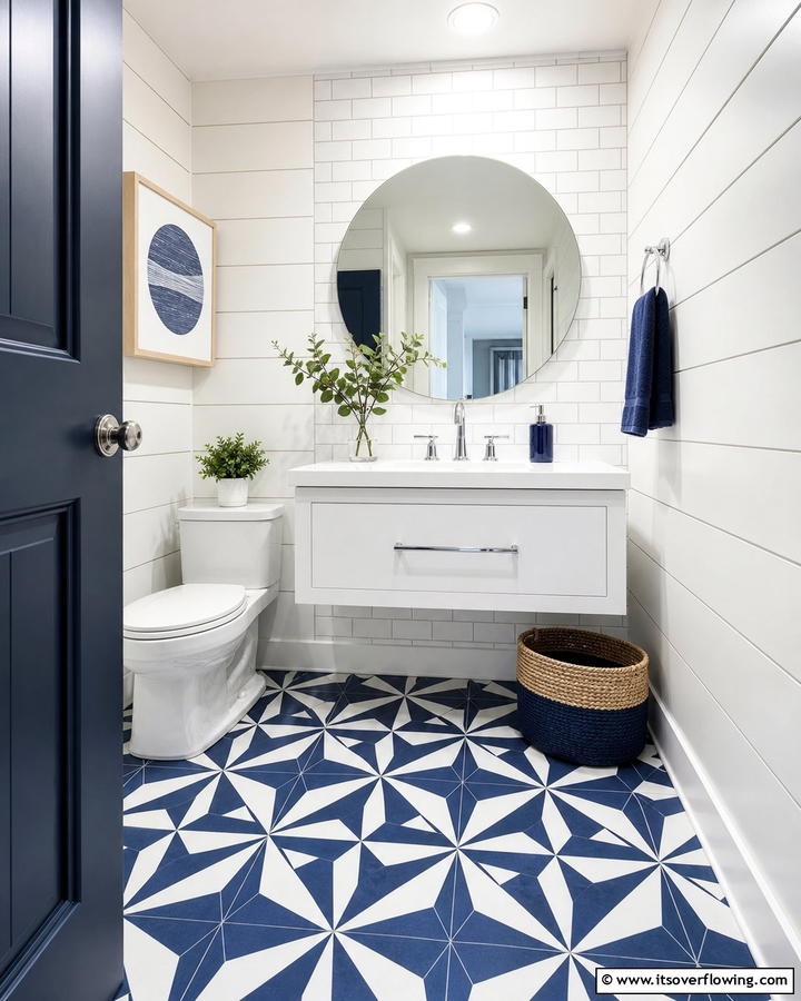 Navy and White Tile Patterns - 20 Navy Blue Powder Room Ideas for a Chic Look