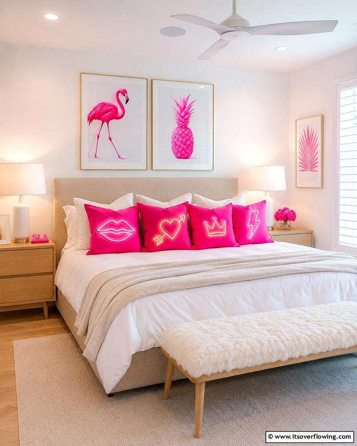 Neon Accent Pillows - 25 Neon Bedroom Ideas for a Bold and Vibrant Look