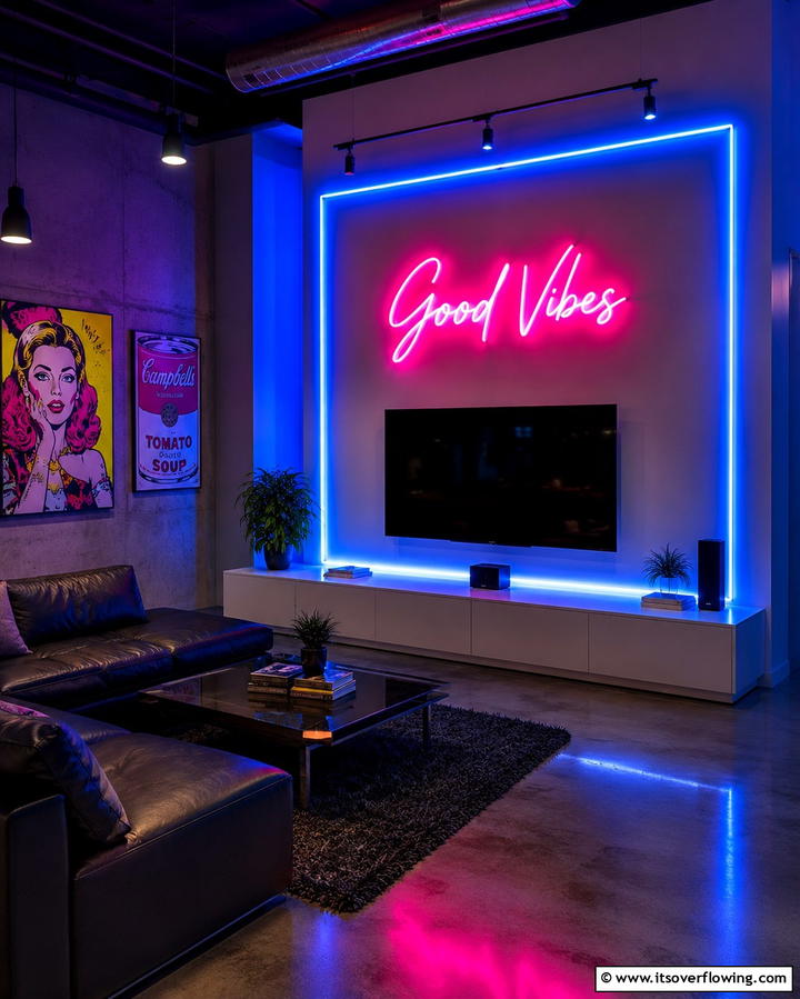 Neon Accents for a Bold Statement - 25 Pink and Blue Living Room Ideas for a Vibrant Space