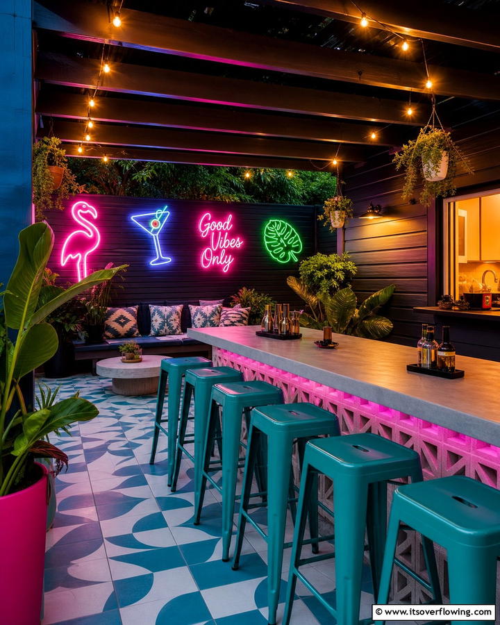 Neon Lights for a Retro Look - 20 Covered Patio Lighting Ideas for Outdoor Ambiance