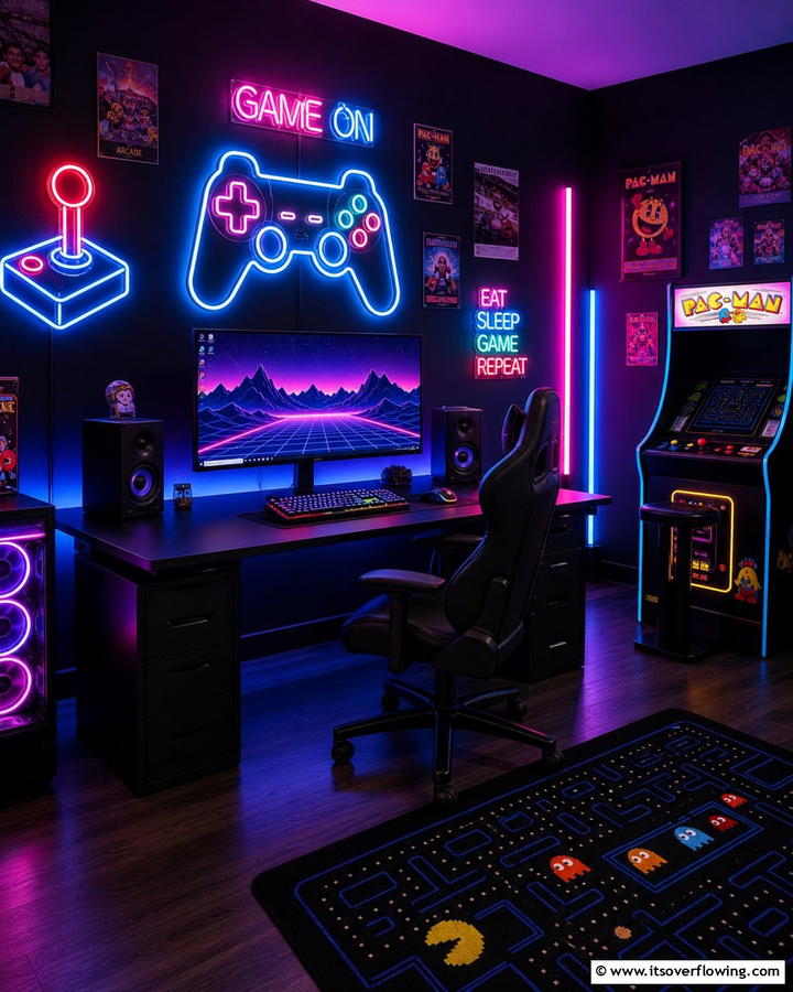 Neon Signs for a Retro Vibe - 25 Sleek Black Gaming Room Ideas for Gamers