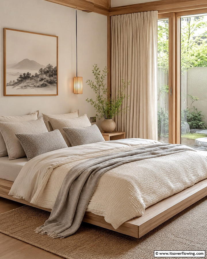 Neutral Bedding with Layered Textures - 25 Japanese Bedroom Design Ideas for Minimalism