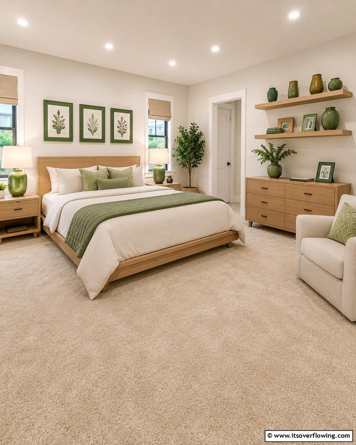 Neutral Beige Carpets with Green Accessories - 25 Serene Green and Beige Bedroom Design Ideas