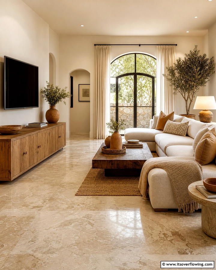 Neutral Beige Marble for Warmth - 25 Marble Floor Living Room Ideas for a Luxurious Space