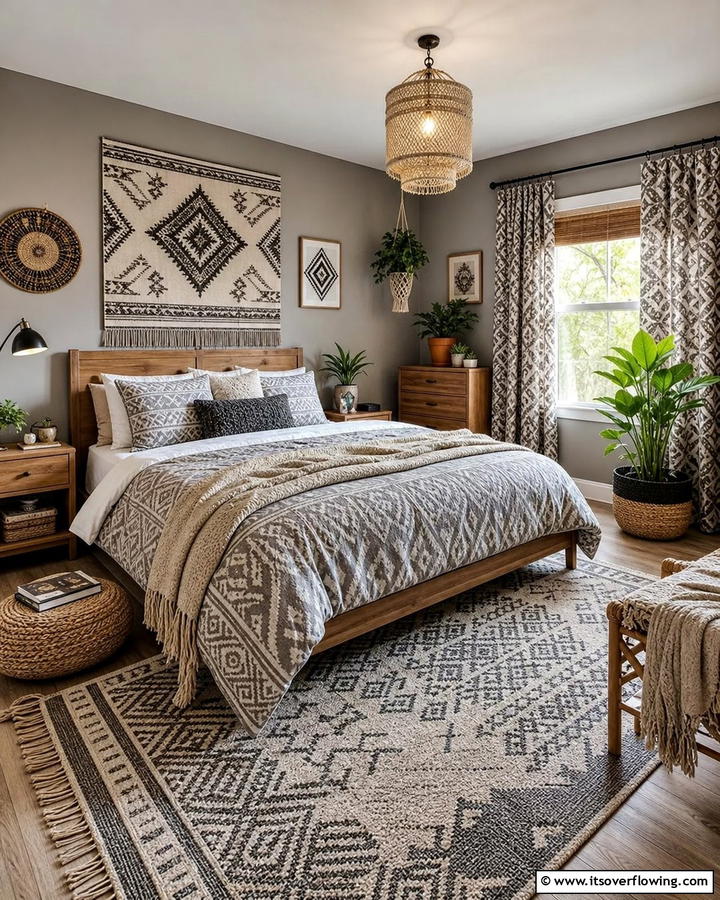 Neutral Boho Prints - 20 Grey Boho Bedroom Ideas for a Cozy Vibe