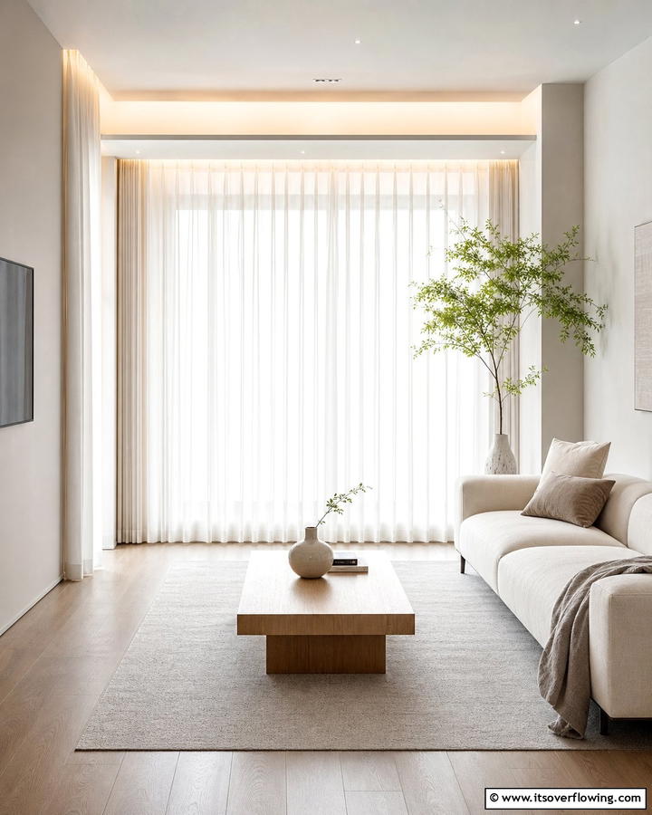 Neutral Curtains for Elegance - 20 Korean Living Room Ideas for a Minimalist Space