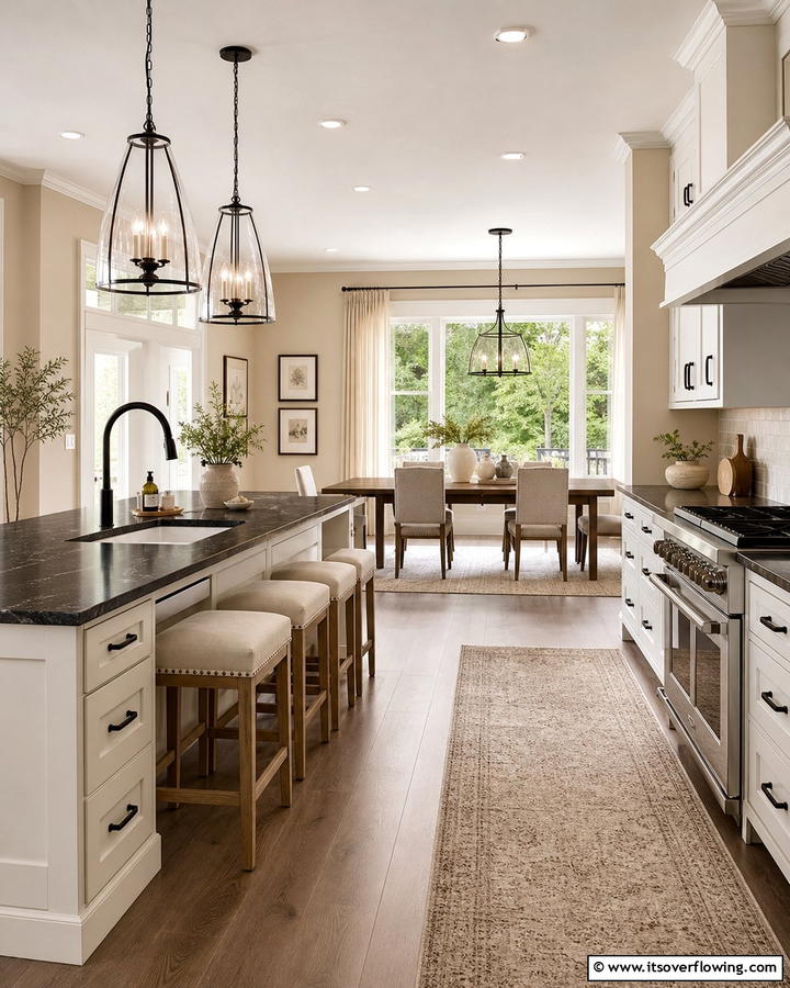 Neutral Elegance with Beige Accents - 20 Kitchen Ideas with Dark Countertops and Light Cabinets