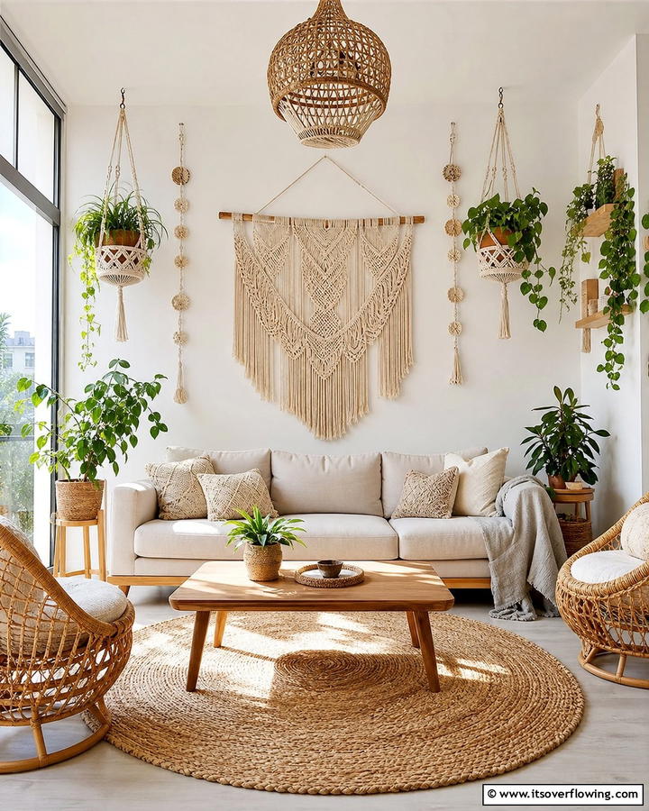 Neutral Macrame Decor for Subtle Elegance - 20 Neutral Boho Living Room Ideas for a Relaxing Vibe