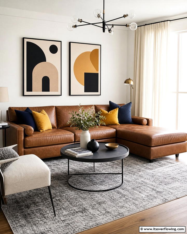 Neutral Palette with Pops of Color - 25 Brown Leather Couch Living Room Ideas