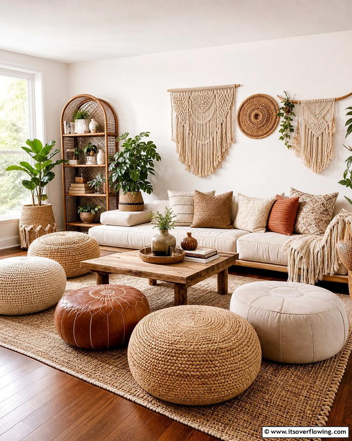 Neutral Poufs for Versatile Seating - 20 Neutral Boho Living Room Ideas for a Relaxing Vibe