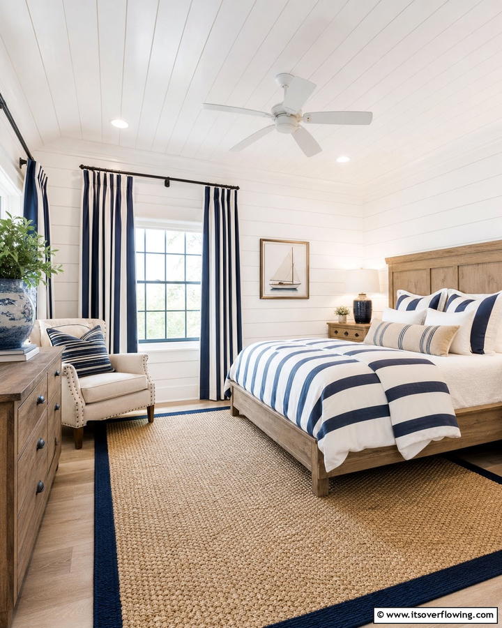 Neutral and Nautical Stripes - 20 Charming Cape Cod Upstairs Bedroom Ideas