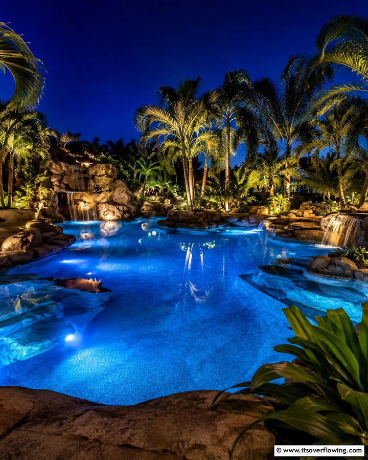 Night Lit Lagoon Pool - 25 Lagoon Pool Design Ideas for a Tropical Backyard Retreat