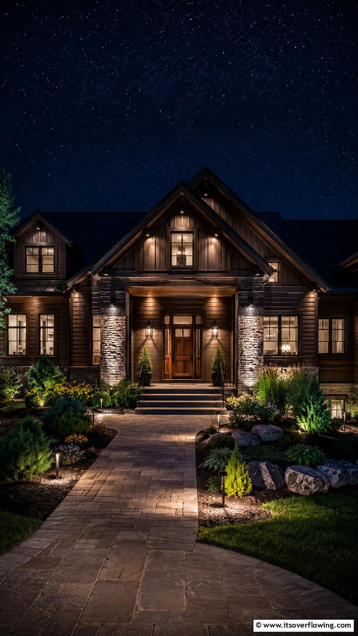 Nighttime Exterior Ambience - 30 Dark Brown House With Black Trim Exterior Design Ideas