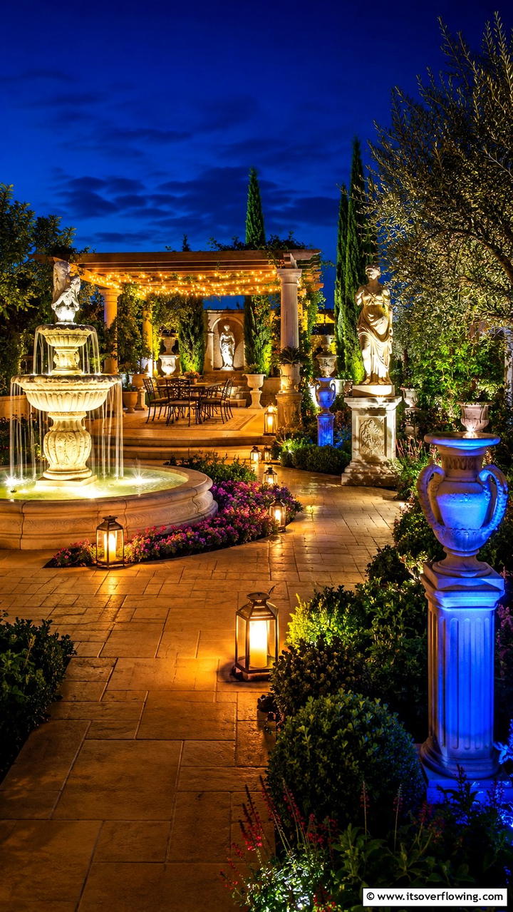 Nighttime Illumination Garden - 30 Greek Garden Ideas- Mediterranean-Inspired Landscaping