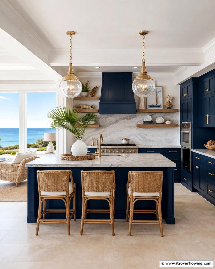 Ocean Blue Cabinets with Polished Gold Bar Pulls - 25 Blue Kitchen Cabinets With Gold Hardware for a Luxe Look