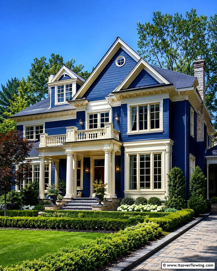 Ocean Blue with White and Coral Highlights - 30 Serene Blue Exterior House Paint Ideas for Curb Appeal