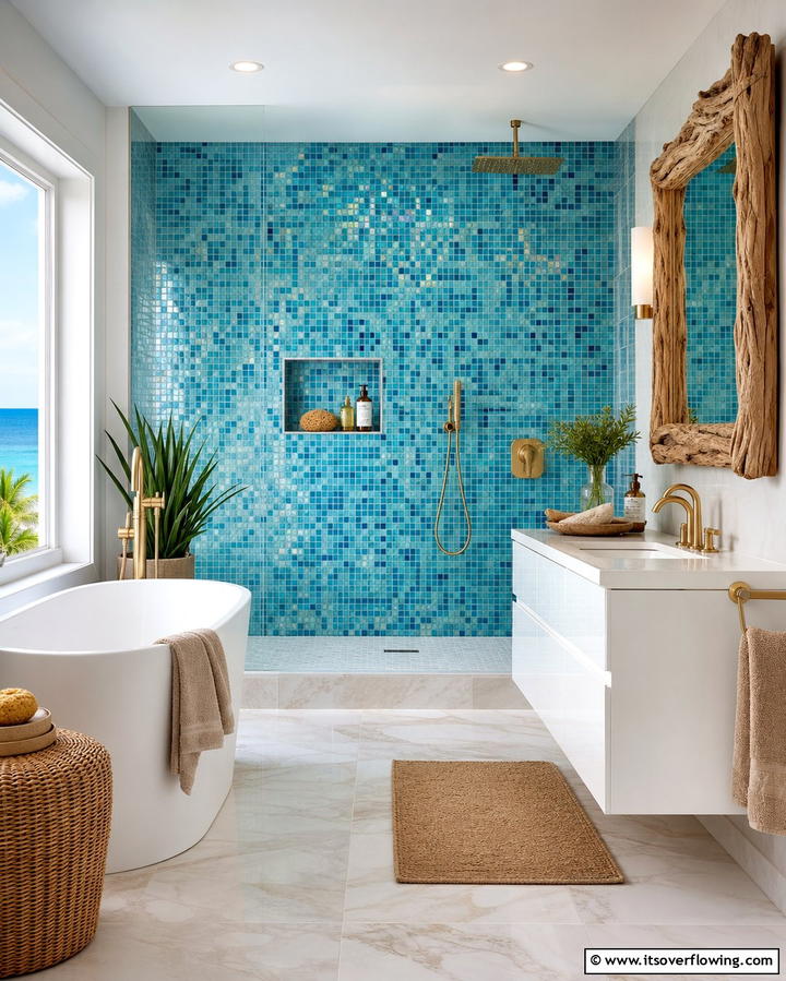 Ocean Hued Mosaic Tiles - 25 Coastal Bathroom Ideas for a Serene Beach Retreat