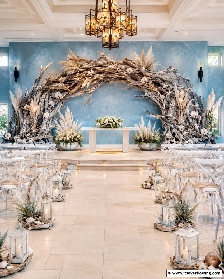 Ocean Inspired Backdrop with Driftwood - 30 Beautiful Wedding Backdrop Design Inspirations