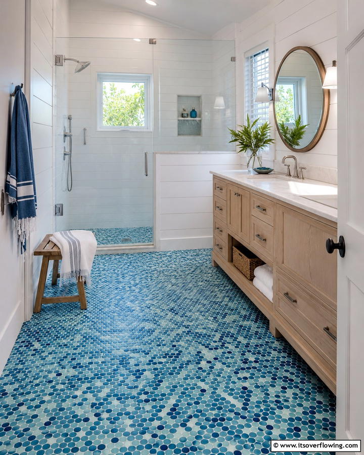 Ocean Inspired Blue Penny Tile Floor - 25 Penny Tile Bathroom Floor Ideas for a Unique Look