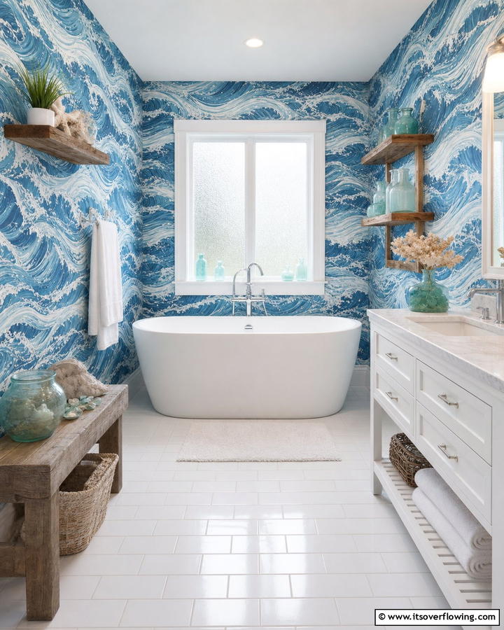 Ocean Inspired Blues - 21 Bathroom Wallpaper Ideas to Add Bold Patterns or Subtle Texture