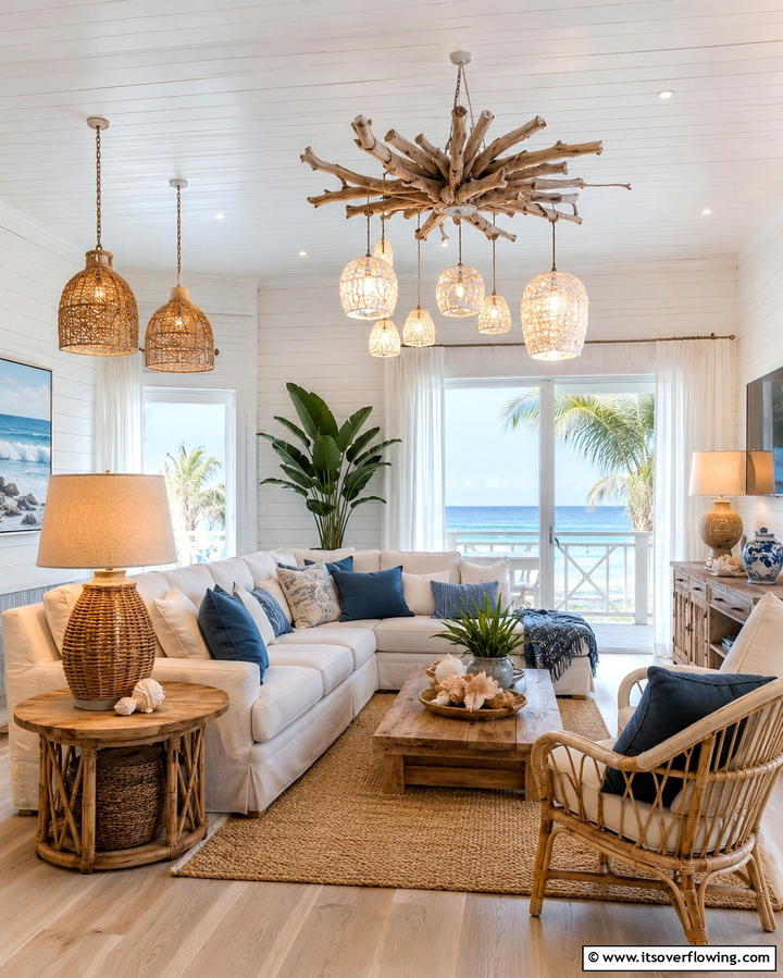 Ocean Inspired Lighting - 25 Beach House Living Room Ideas for a Coastal Vibe
