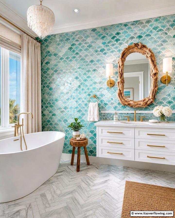 Ocean Inspired Tile Patterns - 25 Coastal Bathroom Ideas for a Serene Beach Retreat