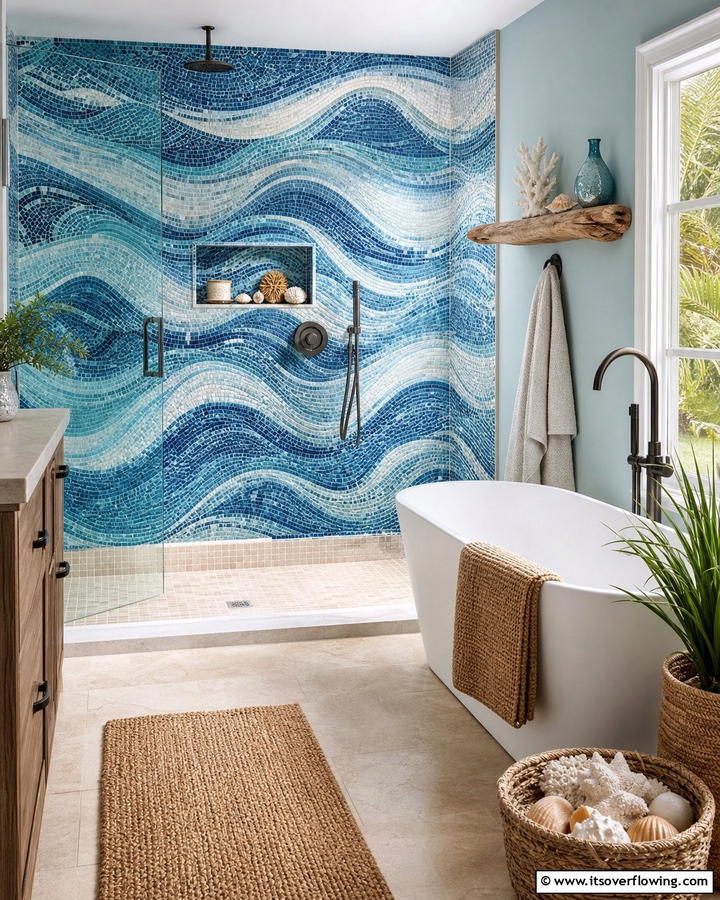 Ocean Wave Mosaic Accents - 25 Stunning Blue Tile Bathroom Ideas for a Fresh Look