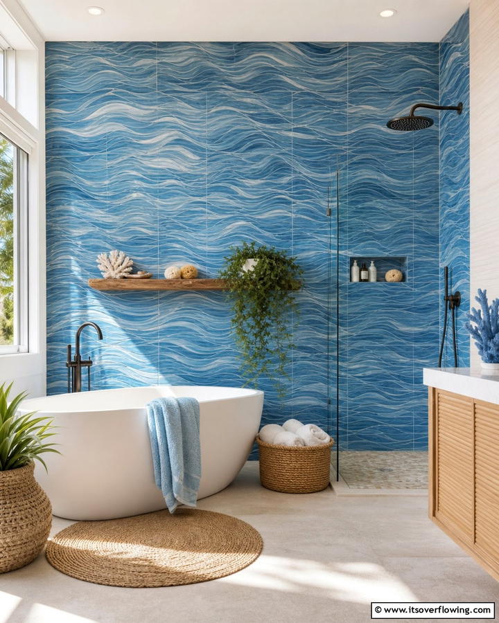 Ocean Wave Tiles for a Dynamic Effect - 25 Stunning Blue Tile Bathroom Ideas for a Fresh Look