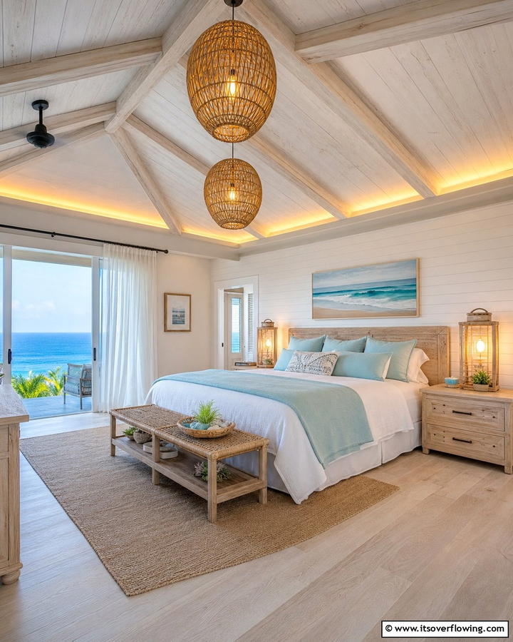 Oceanic Lighting Ambiance - 21 Coastal Bedroom Ideas for Relaxing Beach Vibes