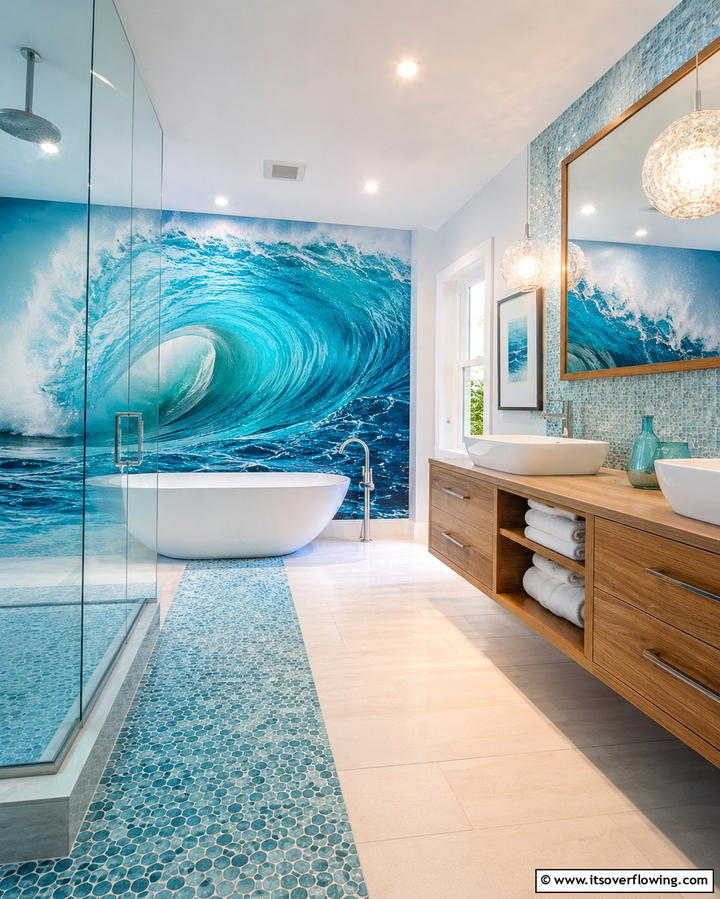 Oceanic Wave Patterns - 30 Bathroom Mural Ideas for Bold and Artistic Wall Designs