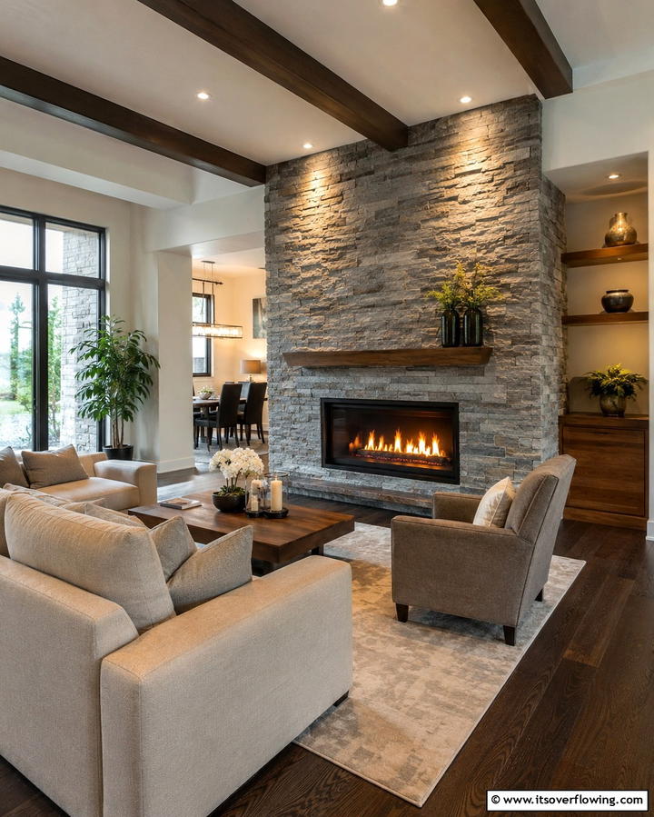 Off Center Fireplace with Stone Accents - 25 Off-center Fireplace Ideas for a Unique and Modern Living Room