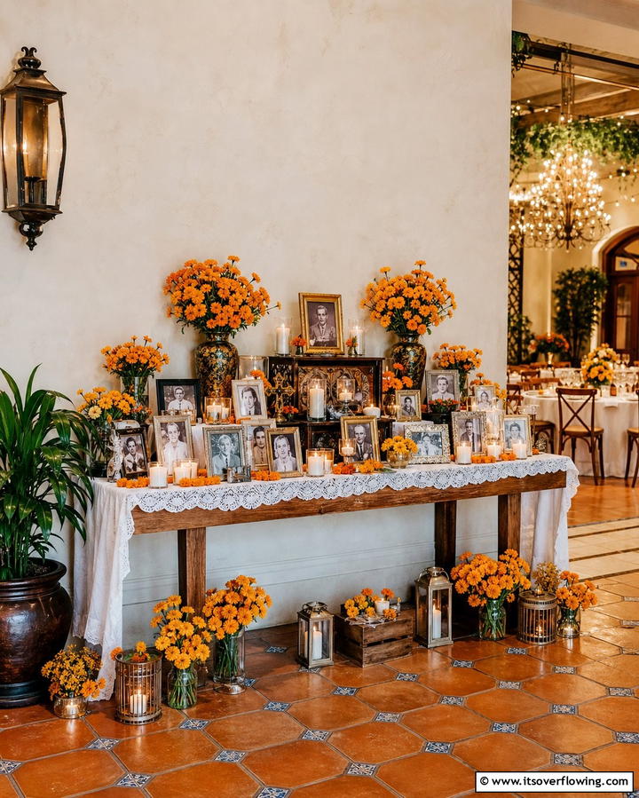 Ofrenda Inspired Tribute Table - 25 Mexican Wedding Ideas for a Colorful and Festive Celebration