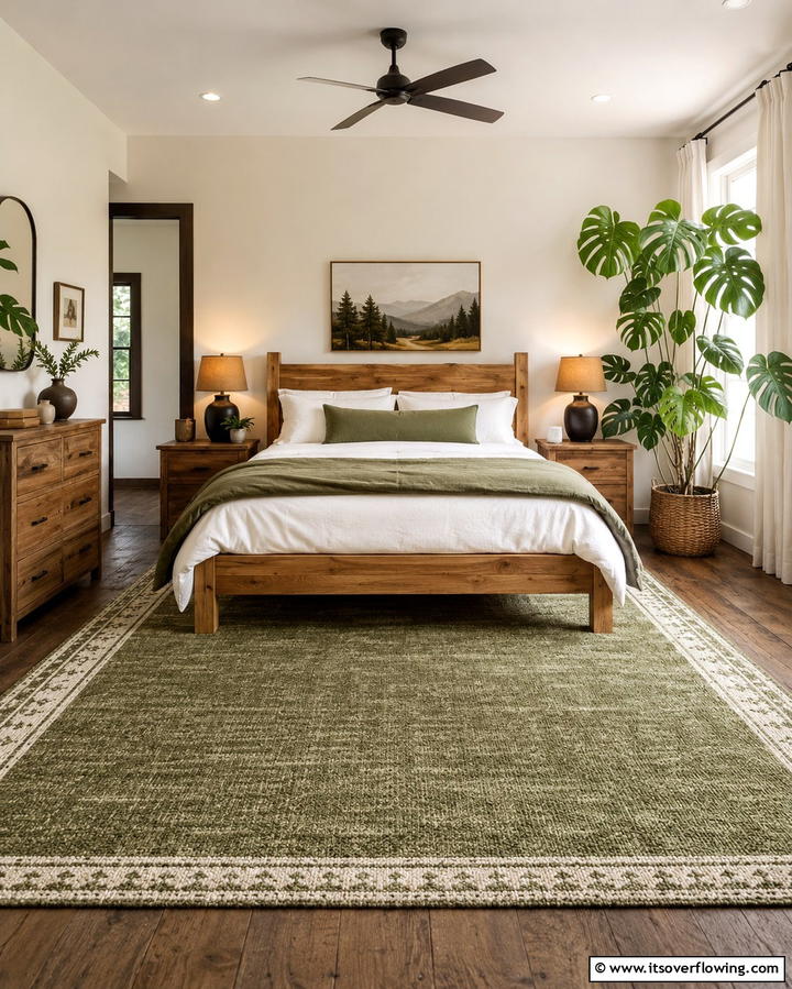 Olive Green Area Rug for Grounding the Space - 30 Olive Green Bedroom Ideas for Soothing Retreats