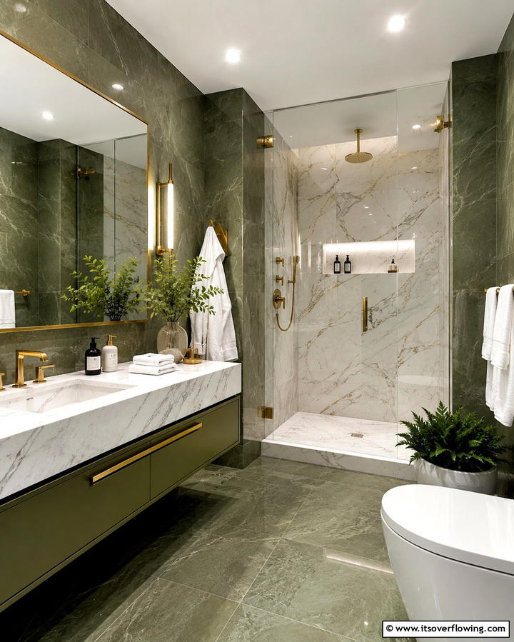 Olive Green Bathrooms with Marble Accents - 25 Dark Olive Green House Designs for a Modern Look