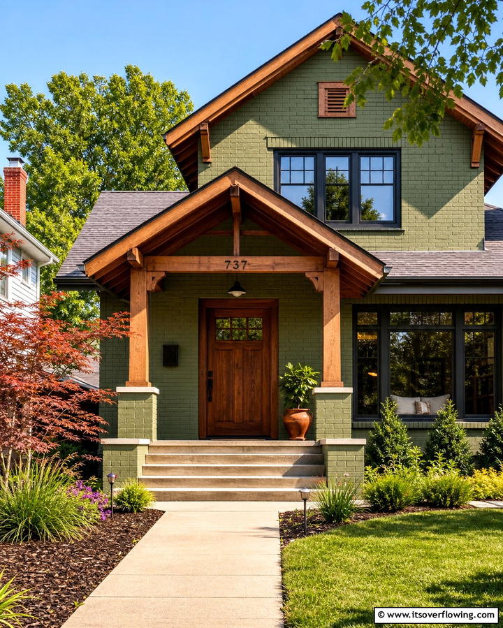 Olive Green Brick with Rustic Wooden Details - 30 Green Brick Exterior Home Design Ideas for Modern Houses