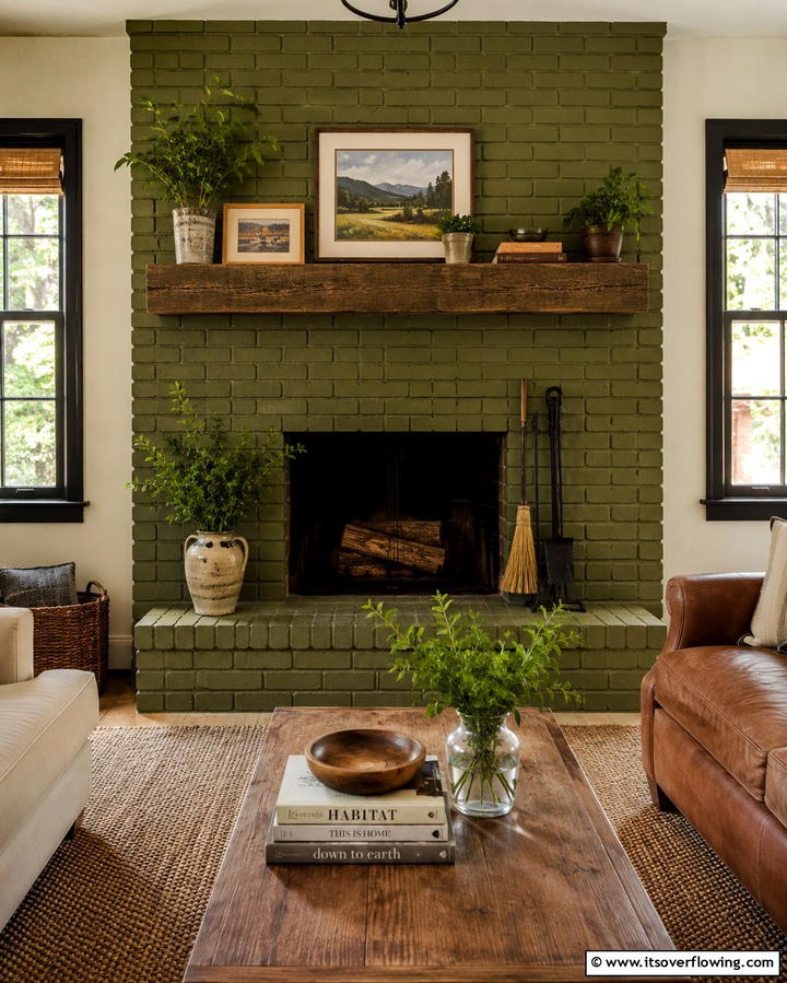 Olive Green Brickwork - 25 Green Fireplace Ideas for a Cozy and Eco-Friendly Home
