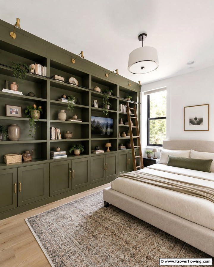 Olive Green Built In Shelving - 30 Olive Green Bedroom Ideas for Soothing Retreats
