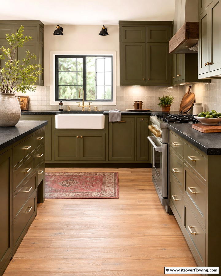 Olive Green Cabinets with Textured Black Counters - 30 Green Kitchen Cabinets & Black Countertops Pairing Ideas
