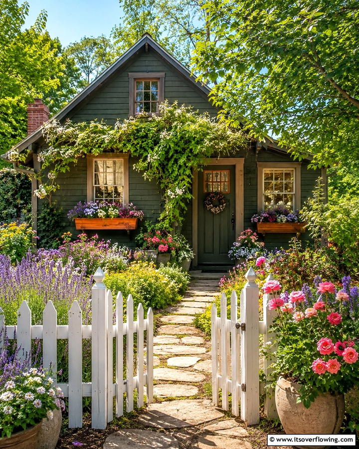 Olive Green Cottage with Floral Landscaping - 25 Dark Olive Green House Designs for a Modern Look