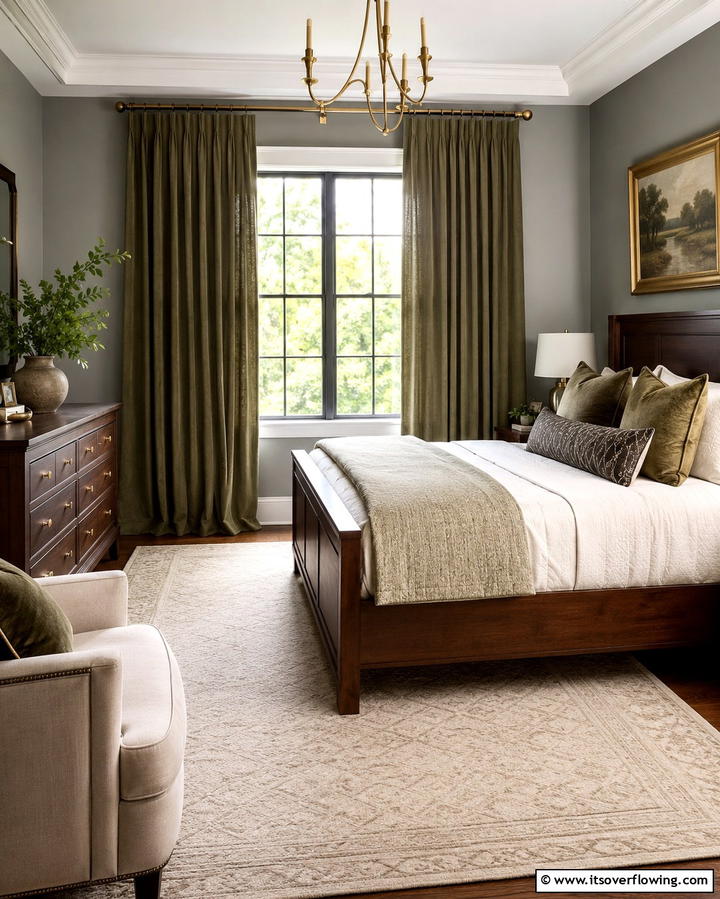 Olive Green Curtains with Grey Walls - 25 Modern Green and Grey Bedroom Design Ideas