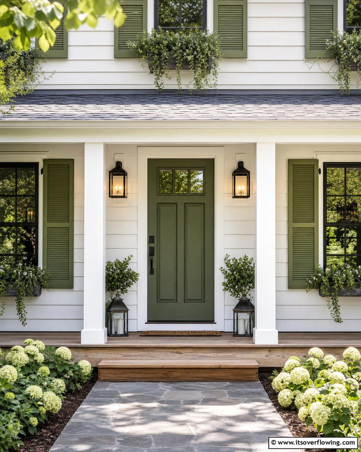 Olive Green Door with Shuttered Windows - 20 Stunning Dark Green Front Door Ideas for Curb Appeal