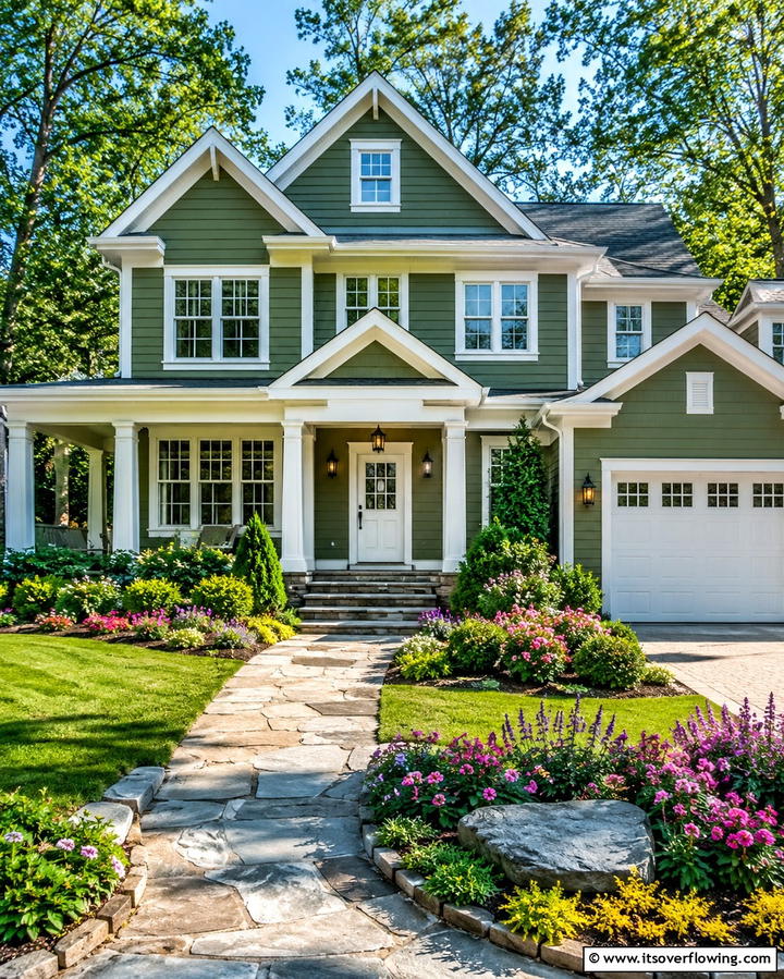 Olive Green Exterior with White Trim - 25 Dark Olive Green House Designs for a Modern Look