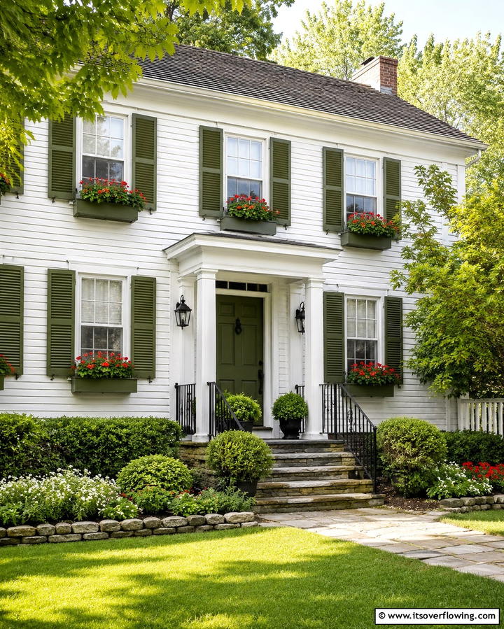 Olive Green Shutters for Exterior Charm - 25 Dark Olive Green House Designs for a Modern Look