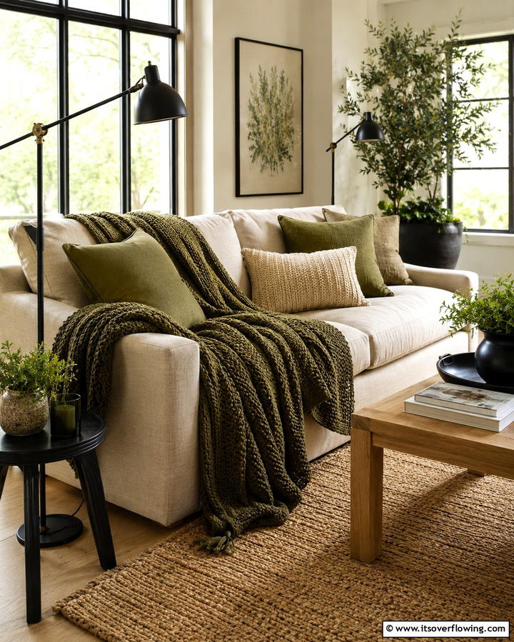 Olive Green Throw Blankets for Comfort - 25 Green Living Room Ideas for a Fresh and Calming Space