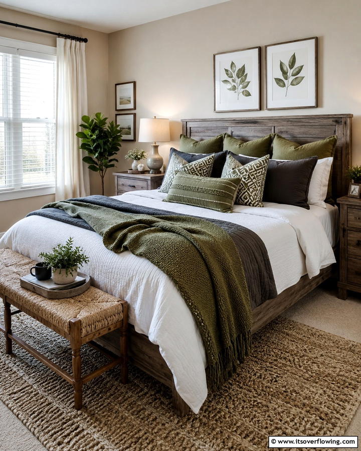 Olive Green Throw Pillows - 30 Olive Green Bedroom Ideas for Soothing Retreats