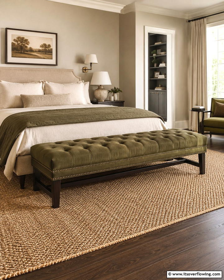 Olive Green Upholstered BenchExact - 30 Olive Green Bedroom Ideas for Soothing Retreats