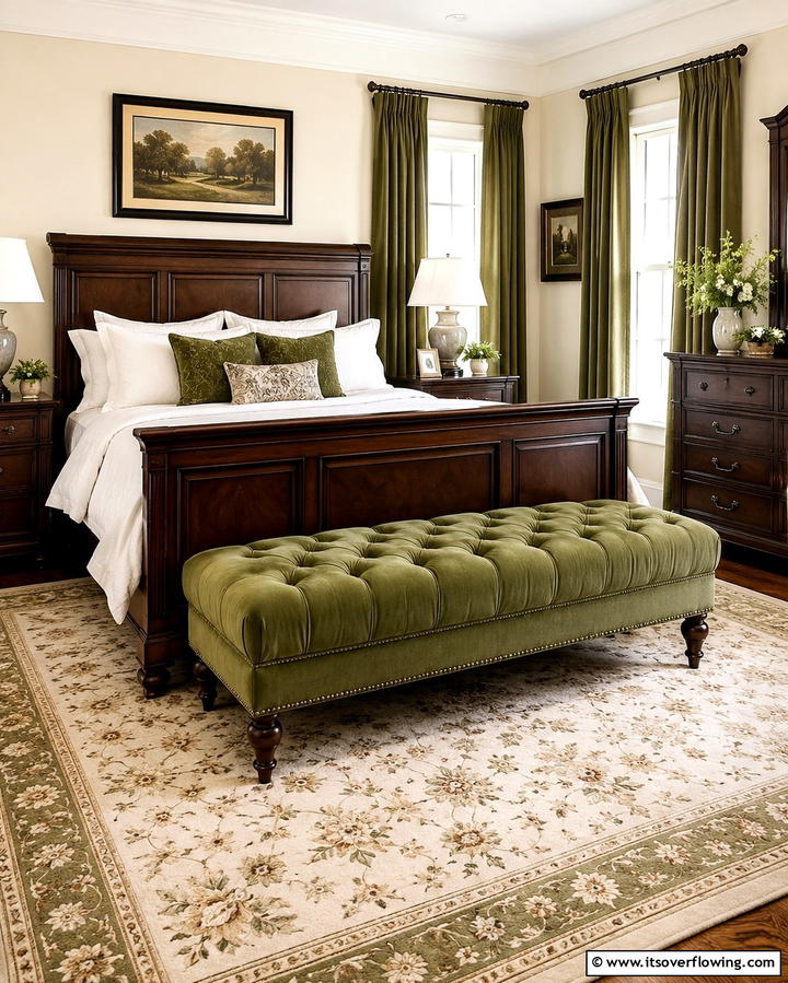 Olive Green Upholstered BenchOne - 30 Olive Green Bedroom Ideas for Soothing Retreats