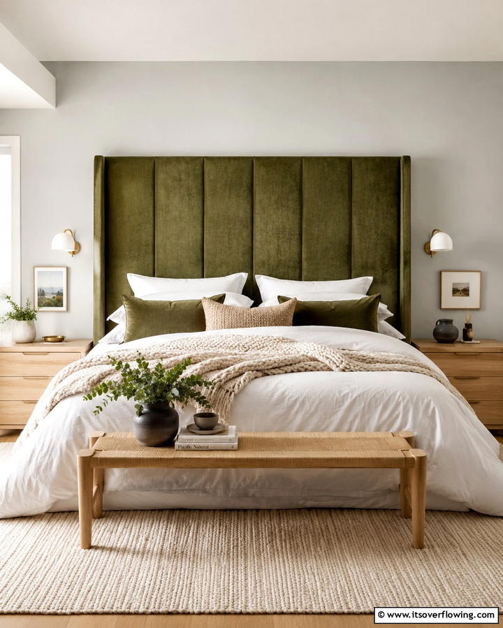 Olive Green Velvet Headboard - 30 Olive Green Bedroom Ideas for Soothing Retreats
